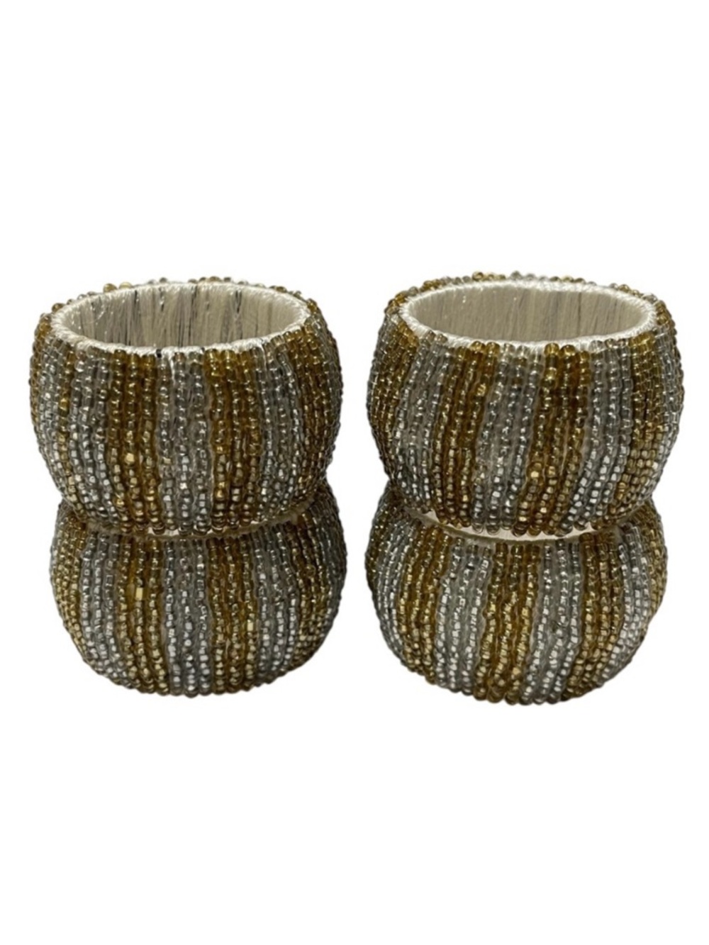Pier 1 Seed Beaded Napkin Rings Gold & Silver Festive Elegant Fancy Formal 4 Set